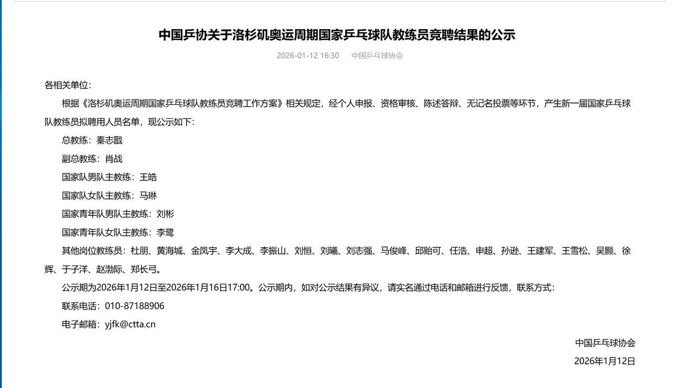 中国乒协公示国乒教练组名单 拟聘秦志戬为总教练 中国乒协公示国乒教练组名单 拟聘秦志戬为总教练